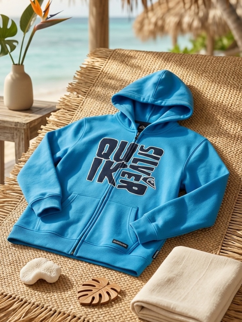QUIKSILVER Boys Full Zip Hoodie - Cerulean Blue Fleece Sweatshirt - Youth Size 7